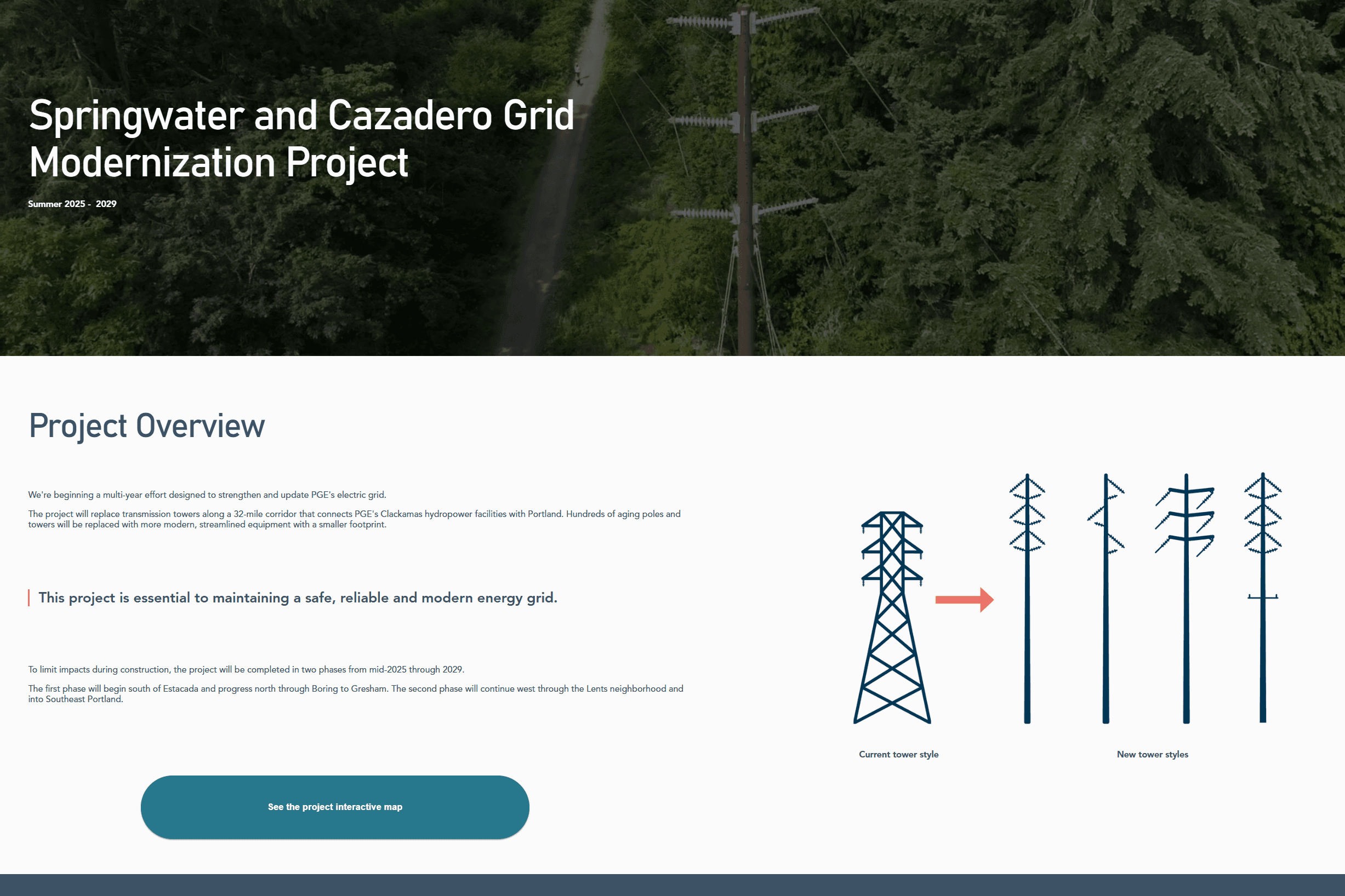 Milliken Transmission Line Rebuild website hero showing project overview and navigation