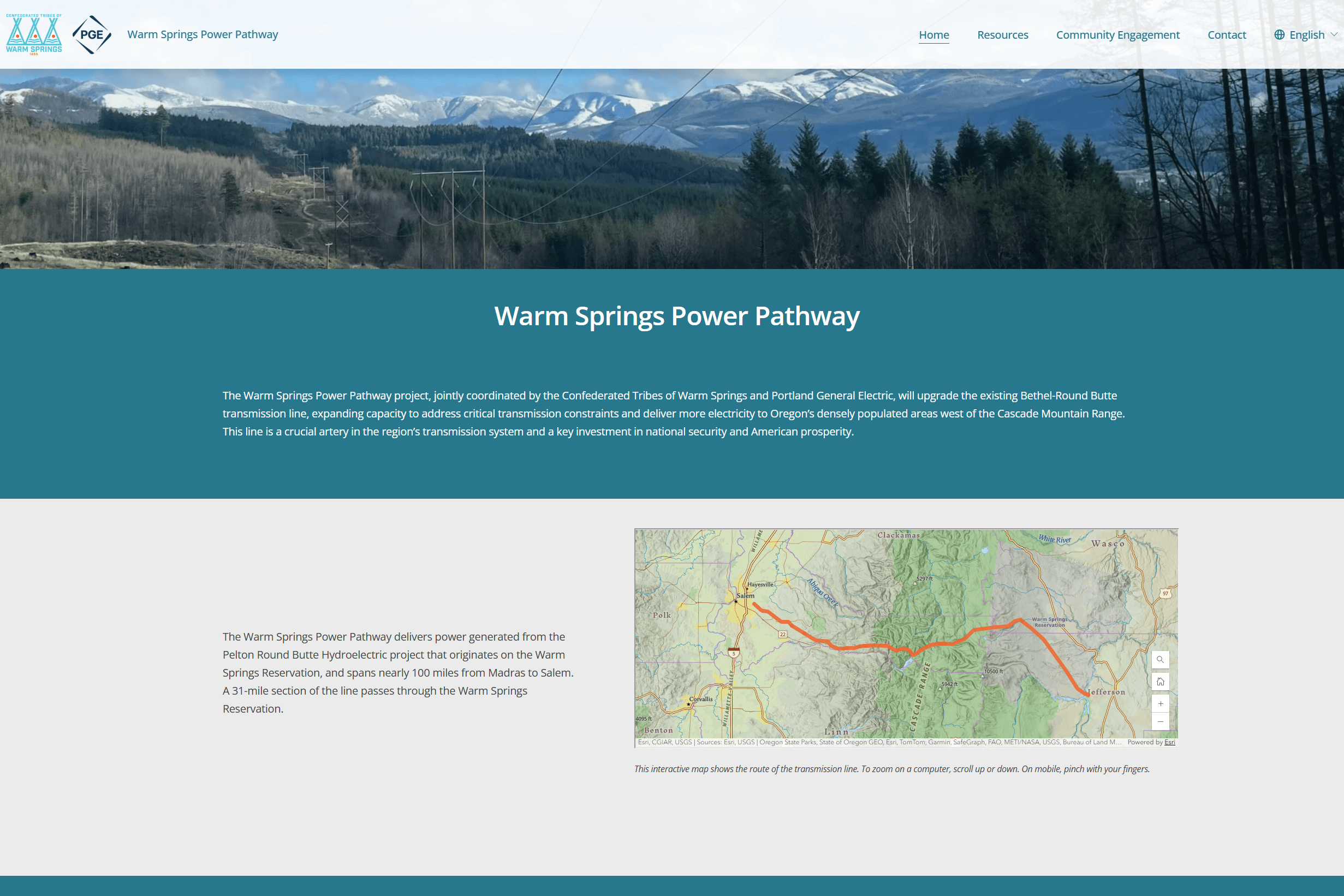 Warm Springs Power Pathway website homepage showing bilingual navigation and project overview